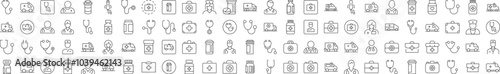 Doctor, Hospital, Stethoscope, Ambulance, Drugs Related Simple Symbol Drawn with Thin Line for Interface, Booklets, Cards, Posts, Infographics
