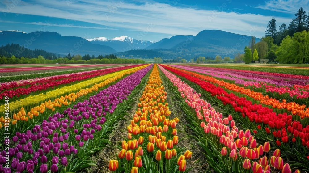 Aerial View of Vibrant Tulip Field in Bloom Aerial View of Vibrant Tulip Field in Bloom