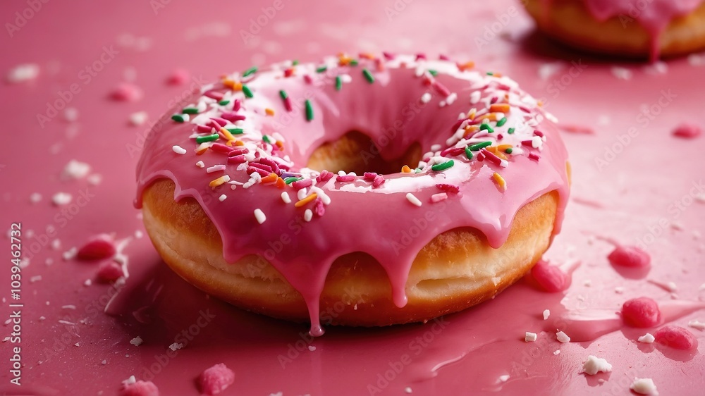 Aerial View of a Half-Eaten Pink Donut with White Sprinkles Aerial View of a Half-Eaten Pink Donut with White Sprinkles
