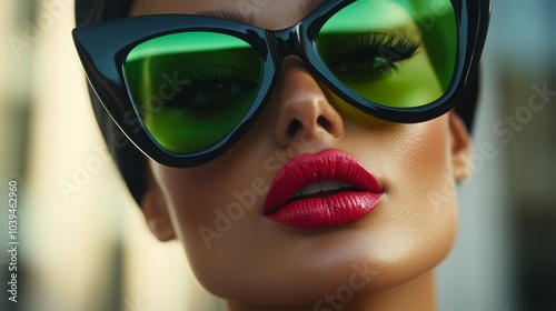 green-tinted lenses, red lipstick