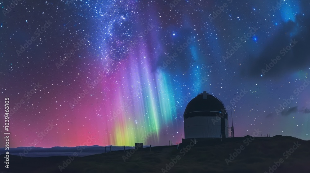 Observatory on Remote Hill Under Aurora Borealis Observatory on Remote Hill Under Aurora Borealis