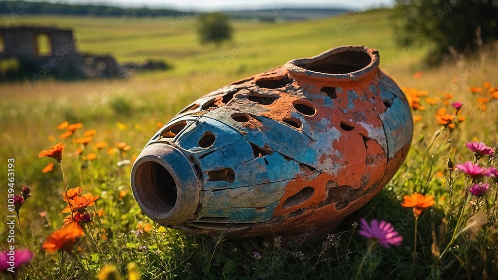 Aerial View of Ancient Cracked Clay Vase in Ruins Aerial View of Ancient Cracked Clay Vase in Ruins
