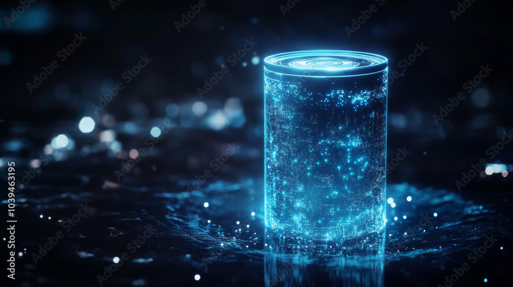 A shimmering, blue hologram of a cylinder floats in the air, representing technology, innovation, and the power of digital media. A shimmering, blue hologram of a cylinder floats in the air, representing technology, innovation, and the power of digital media.