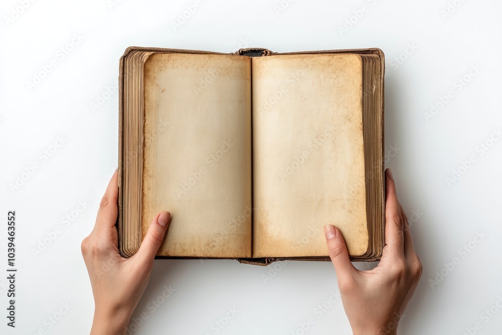 Open Antique Book Held by Hands Against White Background Open Antique Book Held by Hands Against White Background