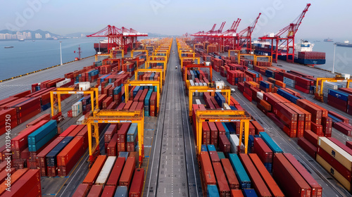 Massive port in industrial region filled with colorful shipping containers and cranes, showcasing bustling activity of maritime logistics and trade