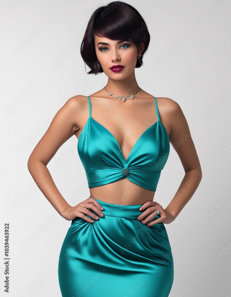 studio portrait of a brunette model with short hair wearing a low cut turquoise dress with nude shoulders on white background, fashion photography studio portrait of a brunette model with short hair wearing a low cut turquoise dress with nude shoulders on white background, fashion photography