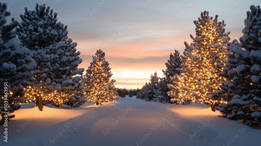 Snowy winter wonderland with glowing christmas trees at sunset Snowy winter wonderland with glowing christmas trees at sunset