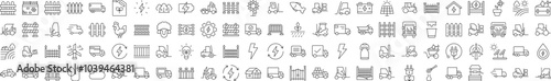 Simple Linear Illustration of Agriculture. Contains Icons of Tractor, Fence, Farm, Energy that Can Be Used for Design of Cards, Posts, Apps, Web Sites