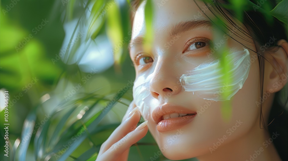 beautiful Asian woman applying facial cream on face, cream texture, milky transparent paste on face, green leaves background. beautiful Asian woman applying facial cream on face, cream texture, milky transparent paste on face, green leaves background.