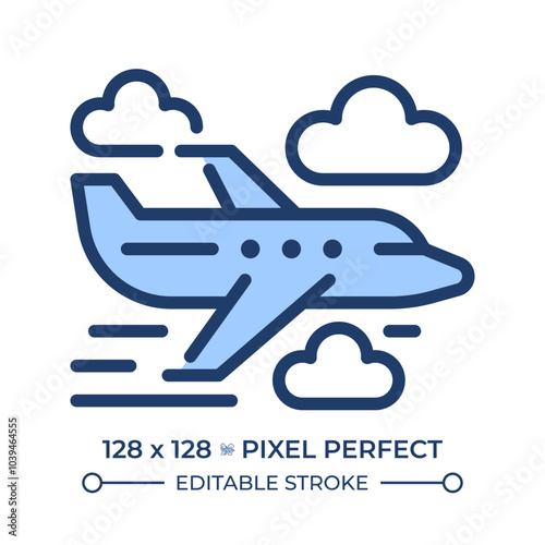 Passenger plane RGB color icon. Representing air travel and transportation. Commercial aviation. Airline services. Isolated vector illustration. Simple filled line drawing. Editable stroke