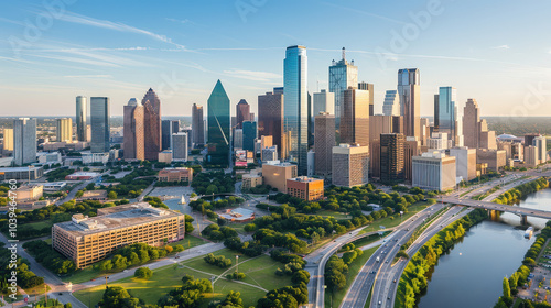 stunning view of modern metropolis featuring skyline filled with glass skyscrapers, lush green parks, and winding river. vibrant cityscape showcases urban life and architectural beauty