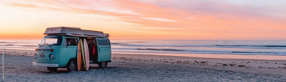A camper van on a sandy beach, ocean waves gently rolling in the distance A camper van on a sandy beach, ocean waves gently rolling in the distance