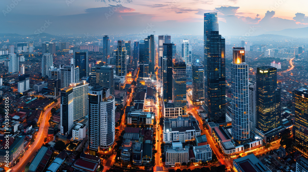 Fototapeta premium modern city skyline featuring skyscrapers and urban streets illuminated at dusk, showcasing vibrant metropolis with blend of architecture and city life