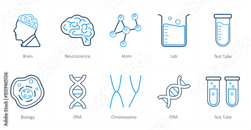 A set of 10 Science and Experiment icons as brain, neuroscience, atom
