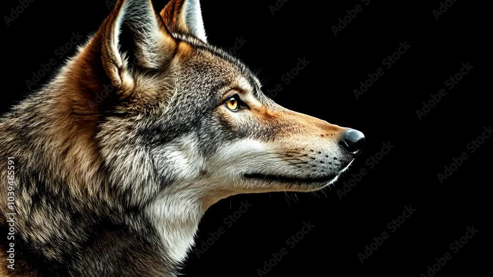 A wolf looks to the right, its fur a blend of gray, brown, and white, against a black background A wolf looks to the right, its fur a blend of gray, brown, and white, against a black background
