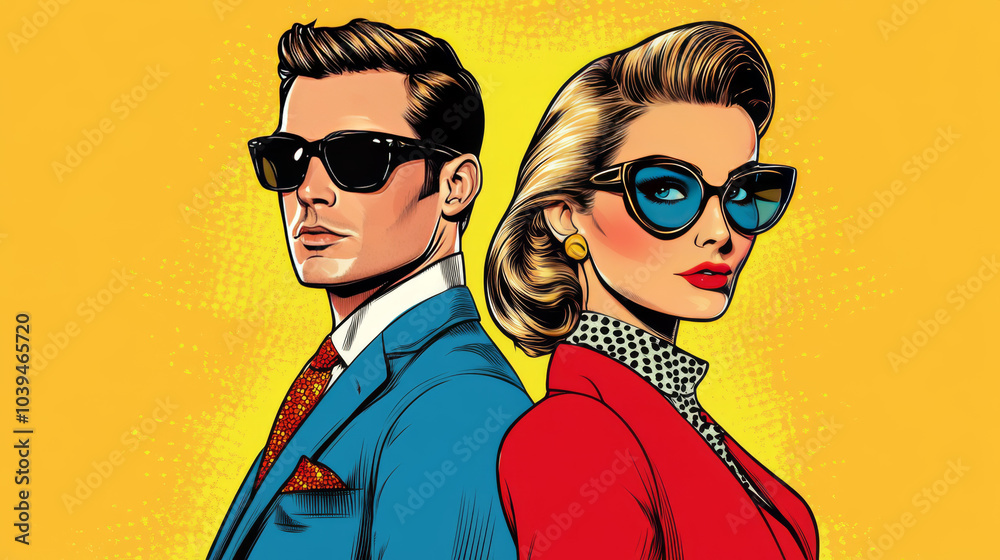 A poster featuring a man and a woman, perfect for promoting your brand.pop art. A poster featuring a man and a woman, perfect for promoting your brand.pop art.