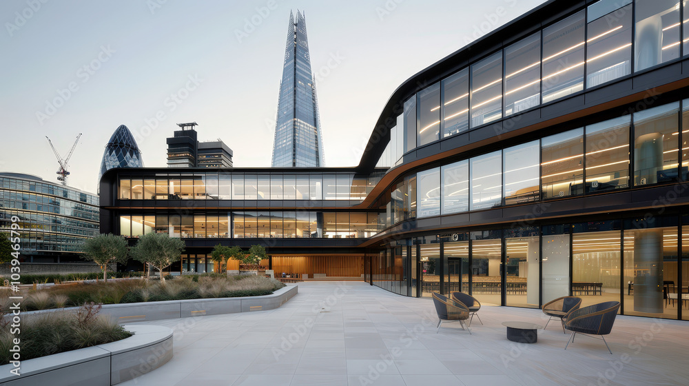 Obraz premium modern metropolis featuring sleek glass skyscrapers and contemporary architecture, showcasing vibrant urban environment. scene captures essence of city life with blend of nature and innovation