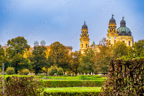 View ot Theatiner Church in downtown Munich with the Liebfrauen Cathedral in  the background photo