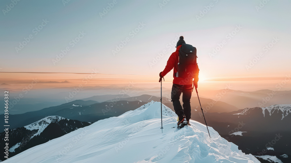 mountaineer in red jacket climbs snowy ridge, surrounded by stunning mountain views at sunset. scene captures thrill of adventure and beauty of nature