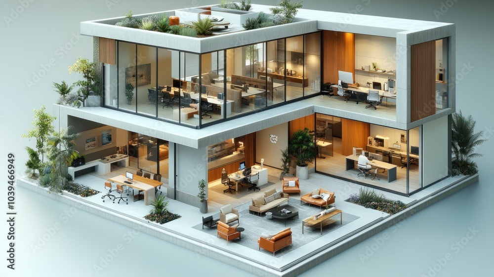 Modern office building with open spaces and greenery. Modern office building with open spaces and greenery.