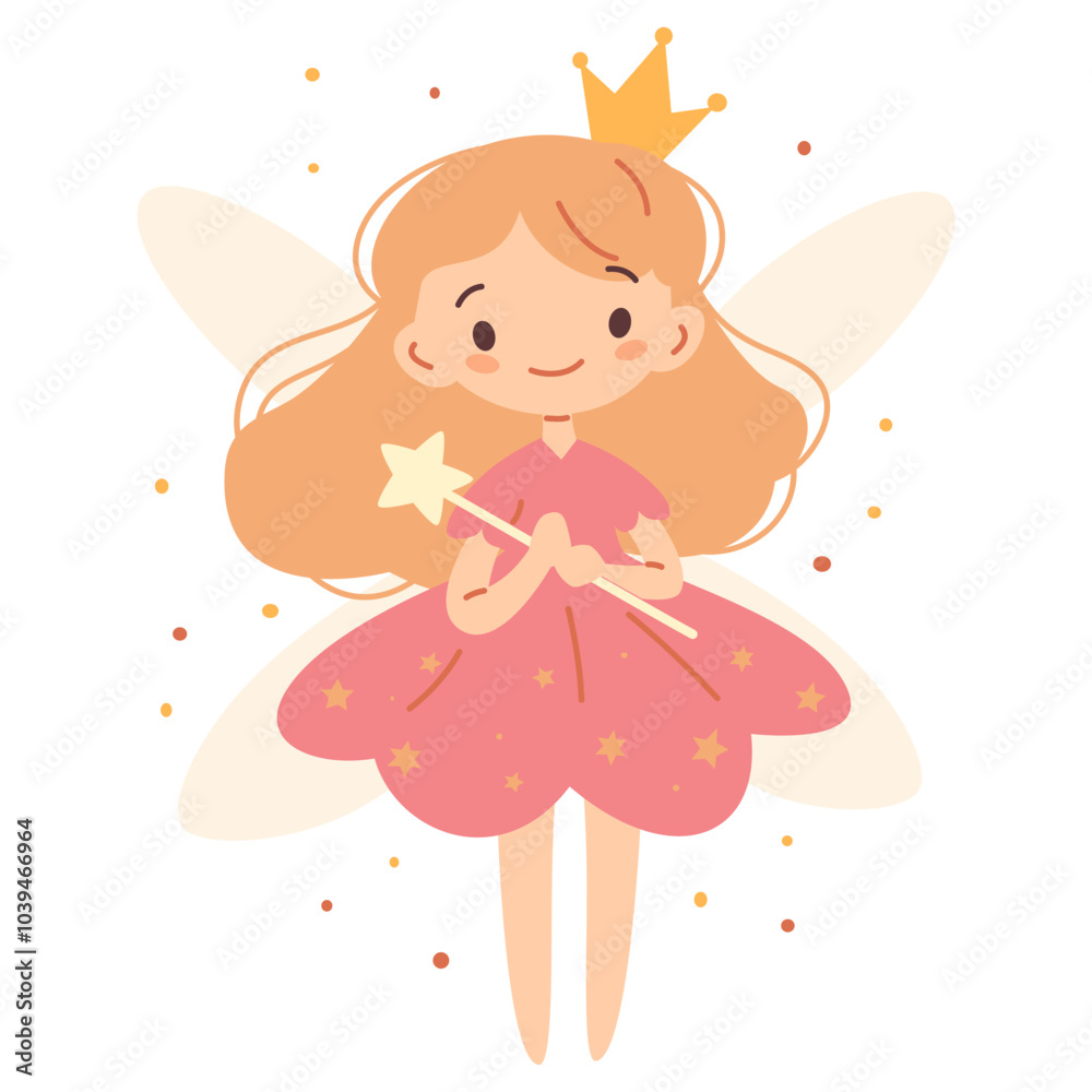 Flat vector illustration in children's style. Cute fairy princess with magic wand on white background . Vector illustration Flat vector illustration in children's style. Cute fairy princess with magic wand on white background . Vector illustration