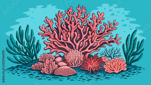 coral reef vector under sea, aesthetics hand drawn sketch