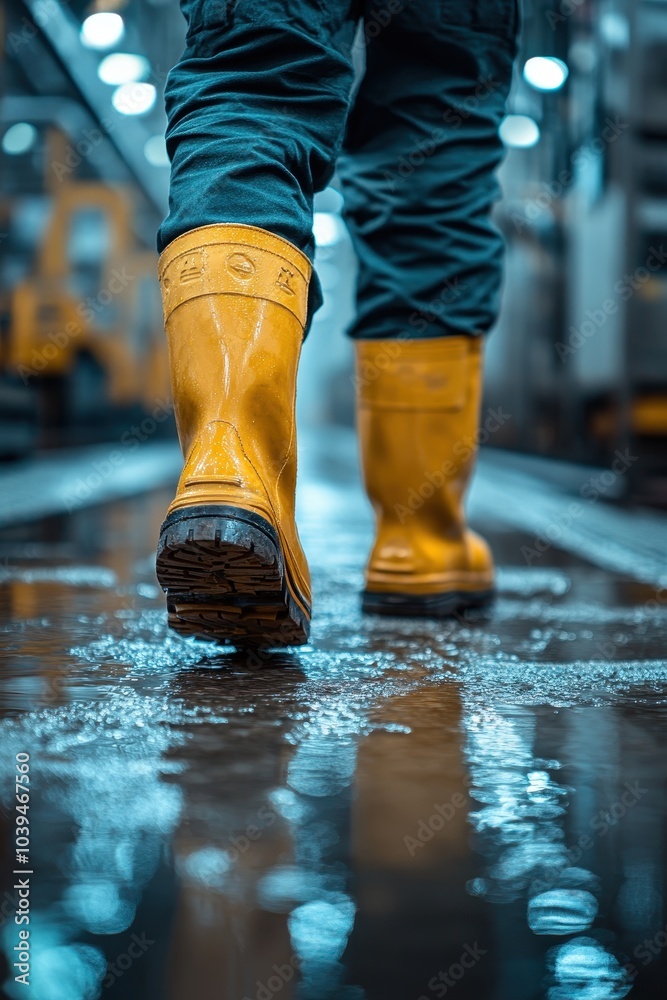 Worker in Yellow Boots Walking Through Industrial Factory with Reflective Wet Floor and Machinery in Background Worker in Yellow Boots Walking Through Industrial Factory with Reflective Wet Floor and Machinery in Background