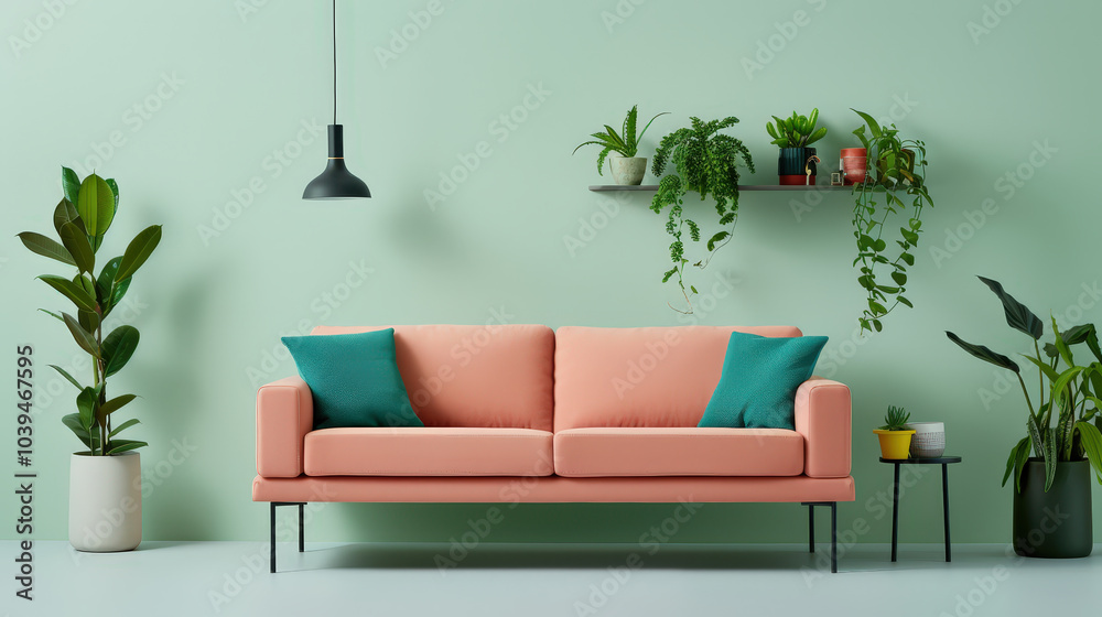 pale peach sofa with teal cushions creates cozy atmosphere against soft green wall, surrounded by lush plants and stylish decor pale peach sofa with teal cushions creates cozy atmosphere against soft green wall, surrounded by lush plants and stylish decor