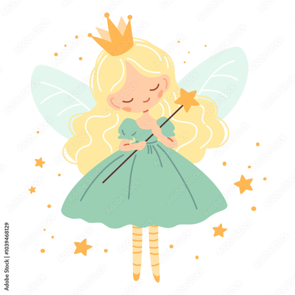 Flat vector illustration in children's style. Cute fairy princess with magic wand on white background . Vector illustration Flat vector illustration in children's style. Cute fairy princess with magic wand on white background . Vector illustration