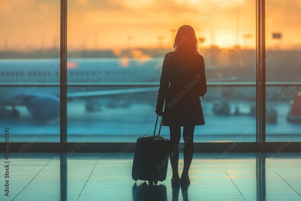 Businesswoman with luggage waiting at airport terminal, Generative AI
