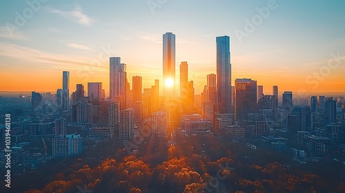 Sunrise Over Cityscape with Tall Buildings and Golden Light