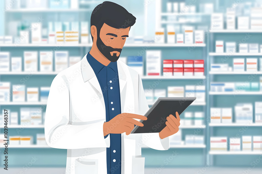 Illustration of pharmacist using a tablet to monitor real-time inventory with shelves of products in the background. Illustration of pharmacist using a tablet to monitor real-time inventory with shelves of products in the background.