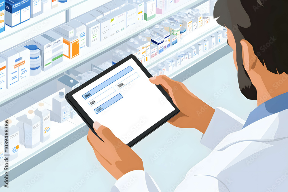 Illustration of pharmacist using a tablet to monitor real-time inventory with shelves of products in the background. Illustration of pharmacist using a tablet to monitor real-time inventory with shelves of products in the background.