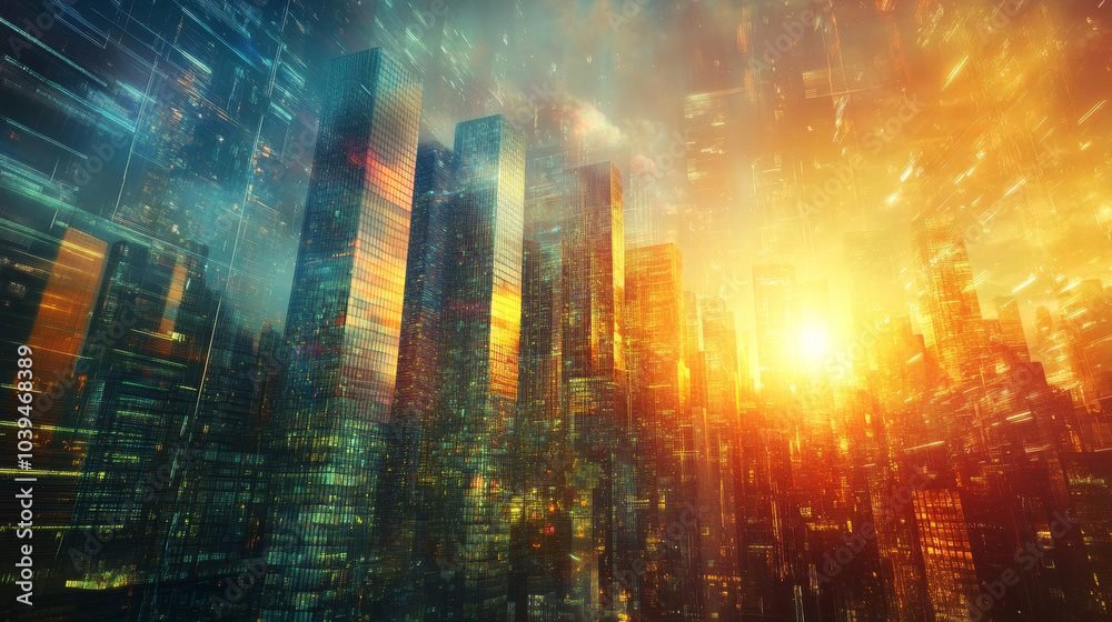 A vibrant city skyline shines brightly, layered with a dreamy, abstract background. This digital art imagines a futuristic world, blending real and virtual spaces. A vibrant city skyline shines brightly, layered with a dreamy, abstract background. This digital art imagines a futuristic world, blending real and virtual spaces.