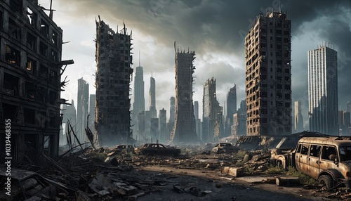 Post-Apocalyptic City Ruins Under Dark Storm Clouds