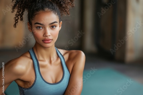 Fitness model in sportswear on exercise mat, Generative AI
