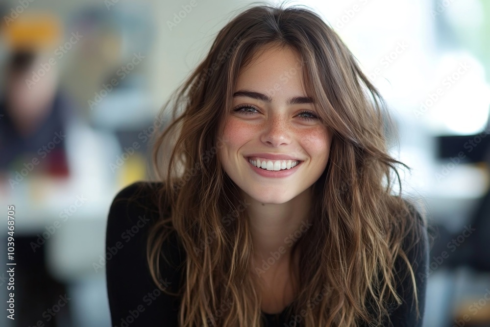 Young businesswoman laughing happily in an office, Generative AI
