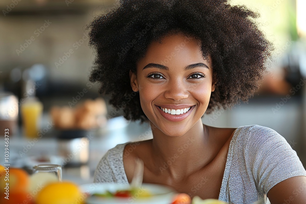 Smiling woman having nutritious breakfast, Generative AI