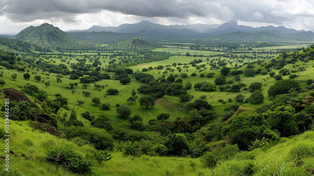 panoramic view of lush, green mountainous landscape under cloudy sky, showcasing rolling hills and vibrant expanse of vegetation. scene evokes sense of tranquility and natural beauty panoramic view of lush, green mountainous landscape under cloudy sky, showcasing rolling hills and vibrant expanse of vegetation. scene evokes sense of tranquility and natural beauty