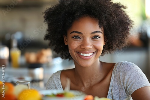 Obraz na płótnie Smiling woman having nutritious breakfast, Generative AI w salonie