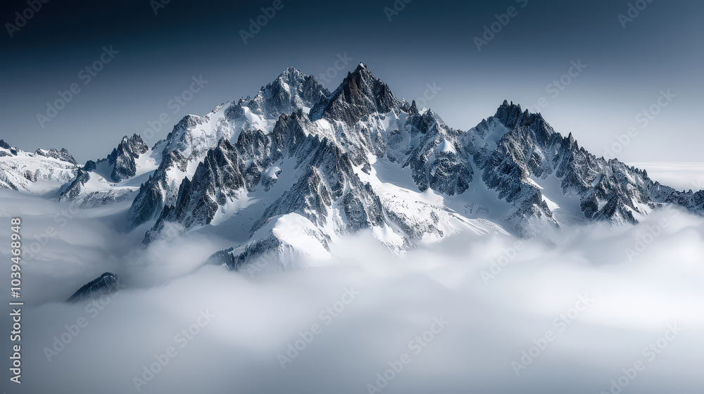 Fototapeta premium Majestic snow covered mountains rise above sea of clouds, creating breathtaking panoramic view. rugged peaks and serene atmosphere evoke sense of tranquility and awe