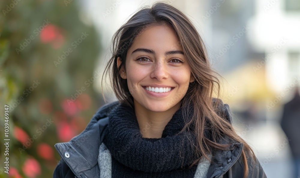 Portrait of smiling woman in a jacket, Generative AI