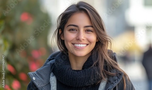 Obraz na płótnie Portrait of smiling woman in a jacket, Generative AI w salonie