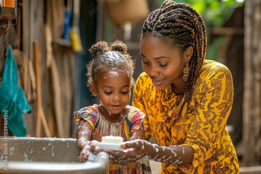 Mother teaching her daughter to wash her hands with soap, Generative AI