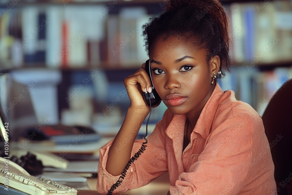 African businesswoman using phone at her desk, Generative AI