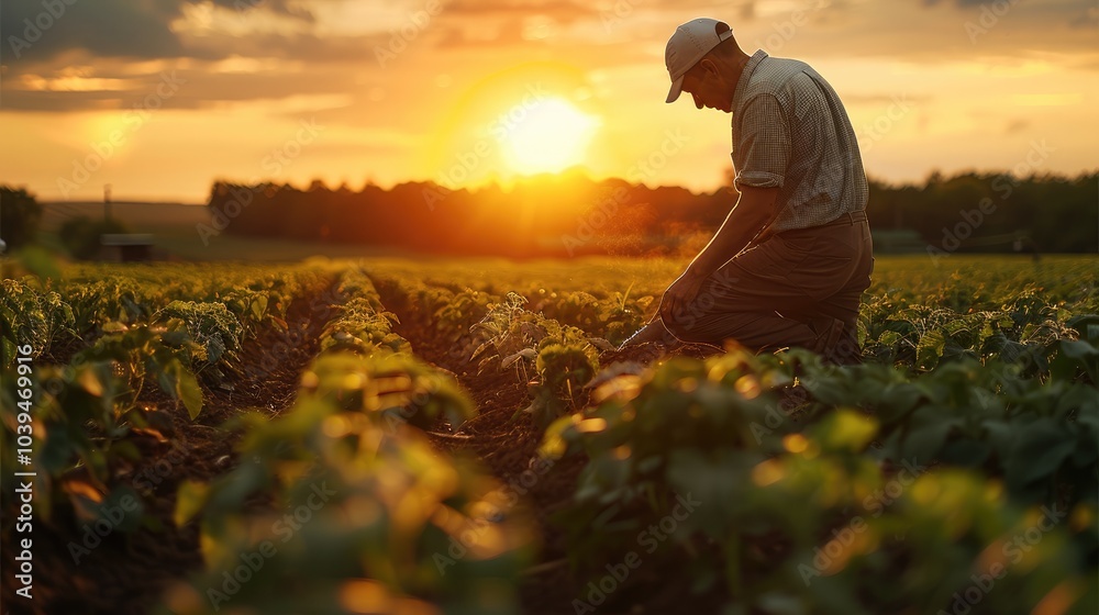 Fototapeta premium Farmer are still working in the fields at sunset.