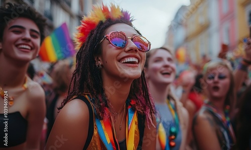 Obraz na płótnie Group of young queer people celebrating pride together, Generative AI w salonie