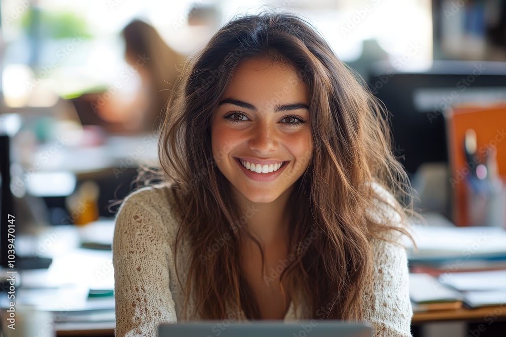 Happy business woman working at the desk, Generative AI