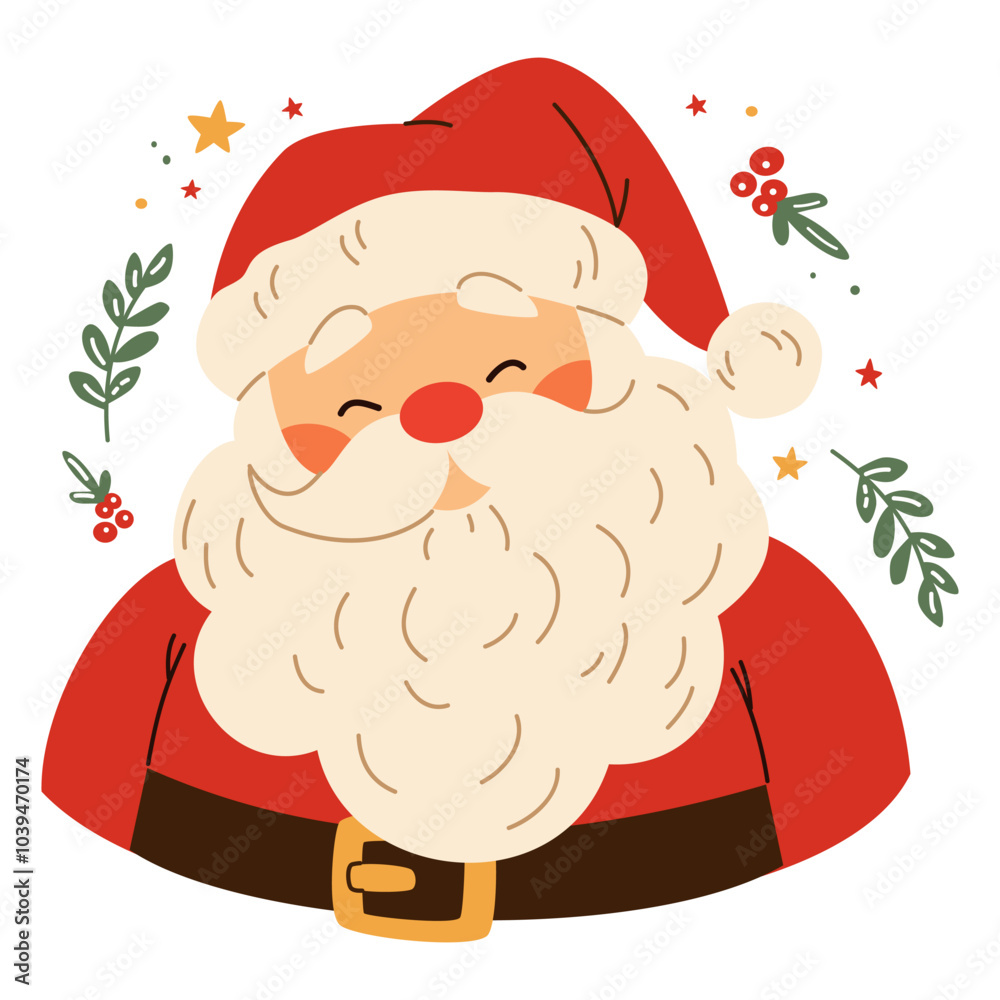 Flat vector illustration in children's style. Portrait of cute santa claus. Christmas illustration on white background. . Vector illustration Flat vector illustration in children's style. Portrait of cute santa claus. Christmas illustration on white background. . Vector illustration