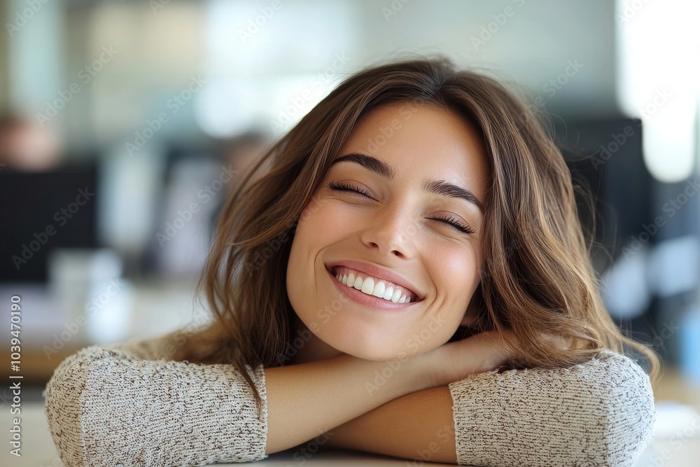 Happy business woman working at the desk, Generative AI